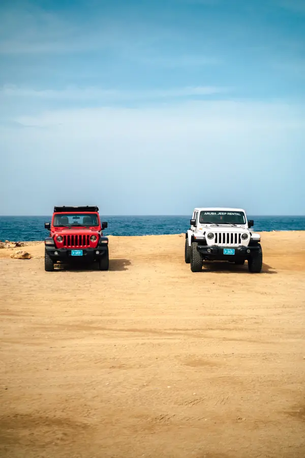 Two EFE Jeeps parked on the beach under a blue sky